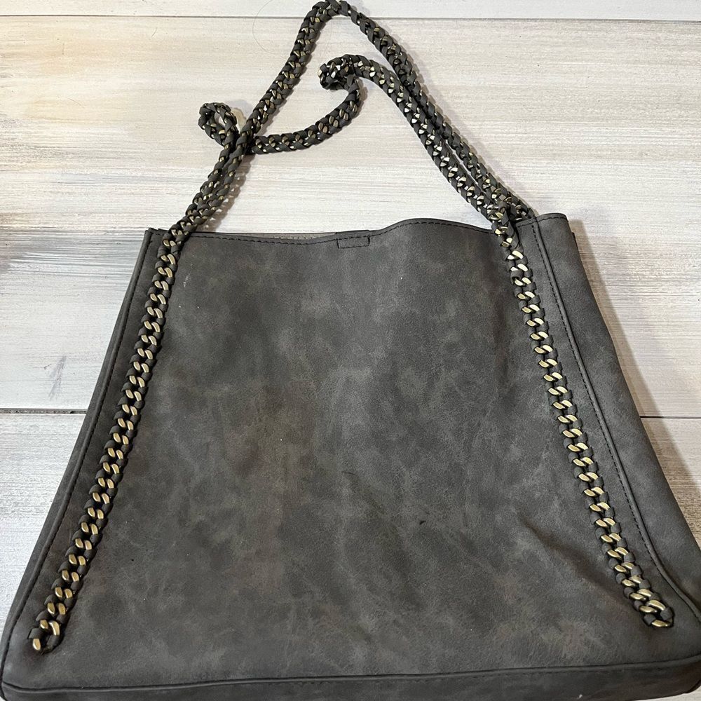 Shoulder Bag  Faux Suede Charcoal Gray with DarkChain Braided Straps and Details